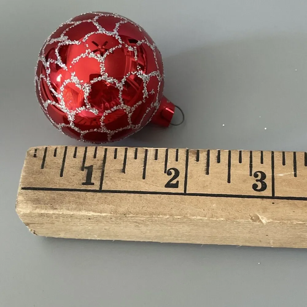 Vintage Hand Painted Blown Glass Red Ball Scalloped Glitter Christmas Ornament
